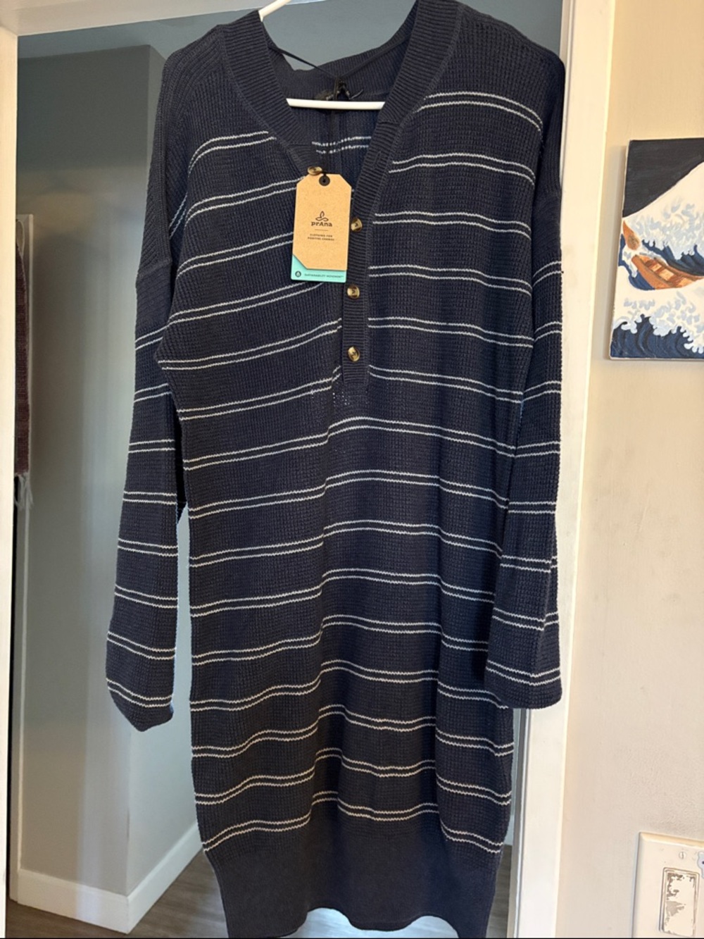Prana Navy and White Milani Henley Sweater Dress